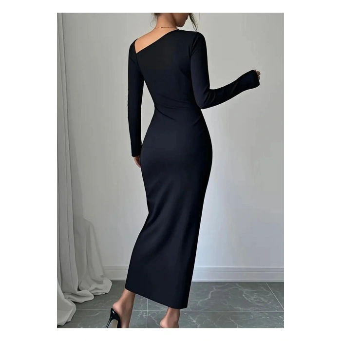 Kayık Yaka Detaylı Uzun Kollu Ayarlanabilir Yırtmaçlı Elbise