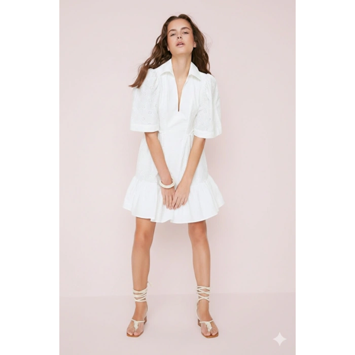 Beyaz Skater/Belden Açılan Brode Mini Astarlı Dokuma Elbise