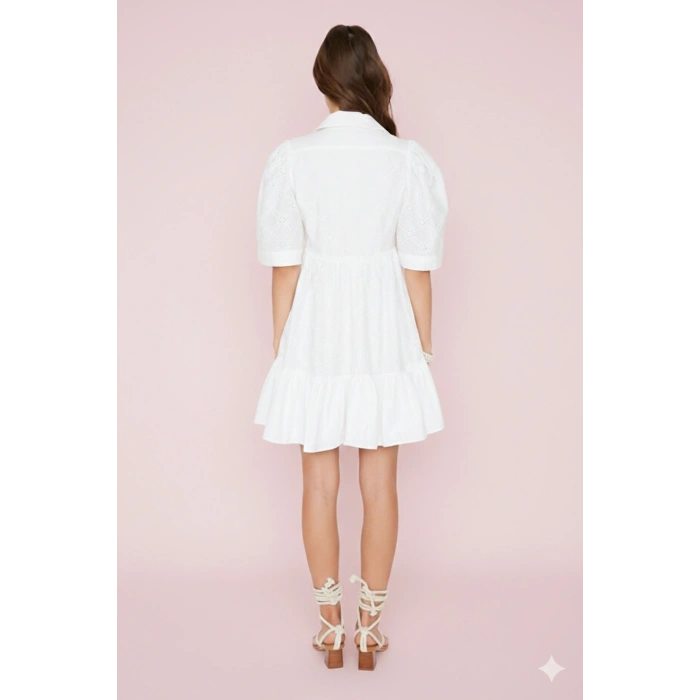 Beyaz Skater/Belden Açılan Brode Mini Astarlı Dokuma Elbise