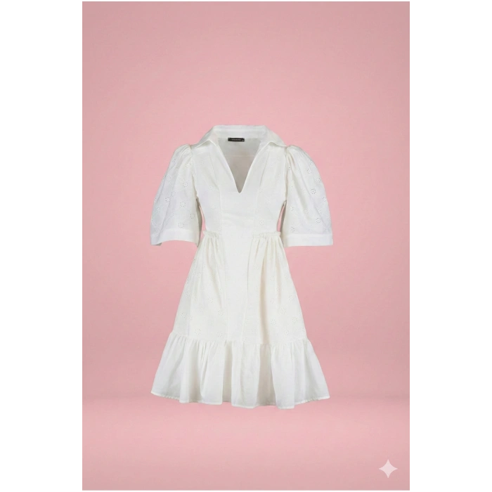 Beyaz Skater/Belden Açılan Brode Mini Astarlı Dokuma Elbise