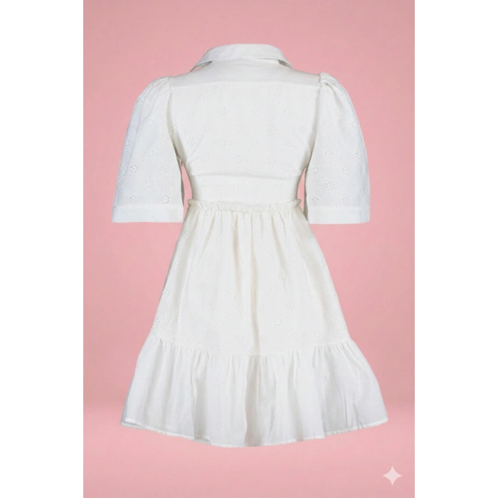Beyaz Skater/Belden Açılan Brode Mini Astarlı Dokuma Elbise