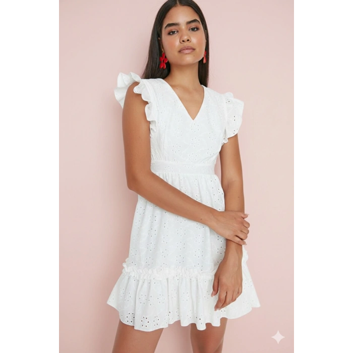 Beyaz Brode Skater/Belden Açılan Mini Astarlı Dokuma Elbise