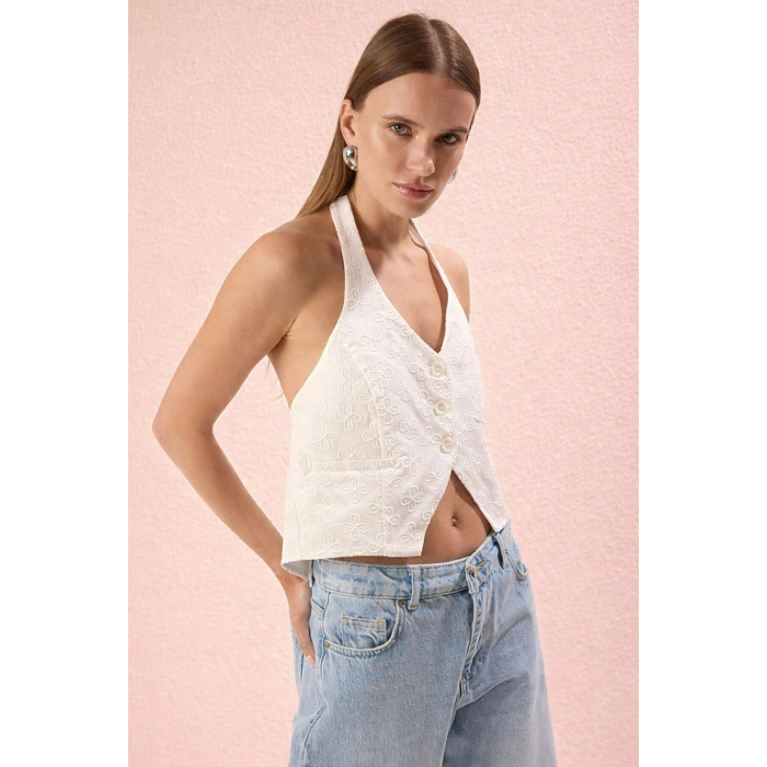 Beyaz Fitted V Yaka Astarlı Brode/Fisto Yelek/Bluz