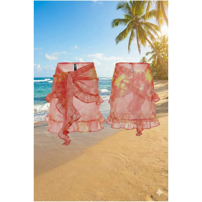 Turuncu Batik Dokuma Fırfırlı Plaj Mini Pareo