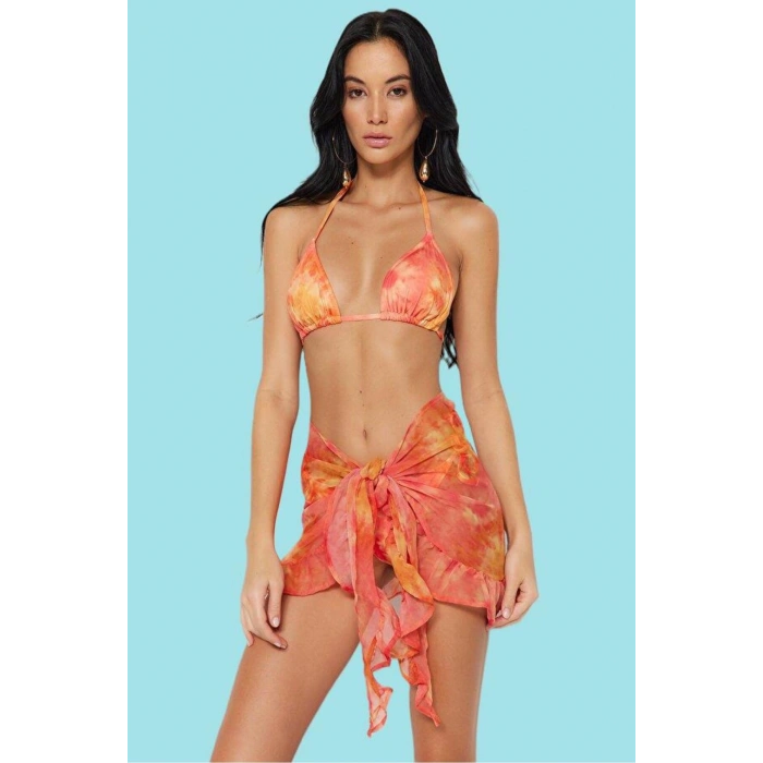 Turuncu Batik Dokuma Fırfırlı Plaj Mini Pareo