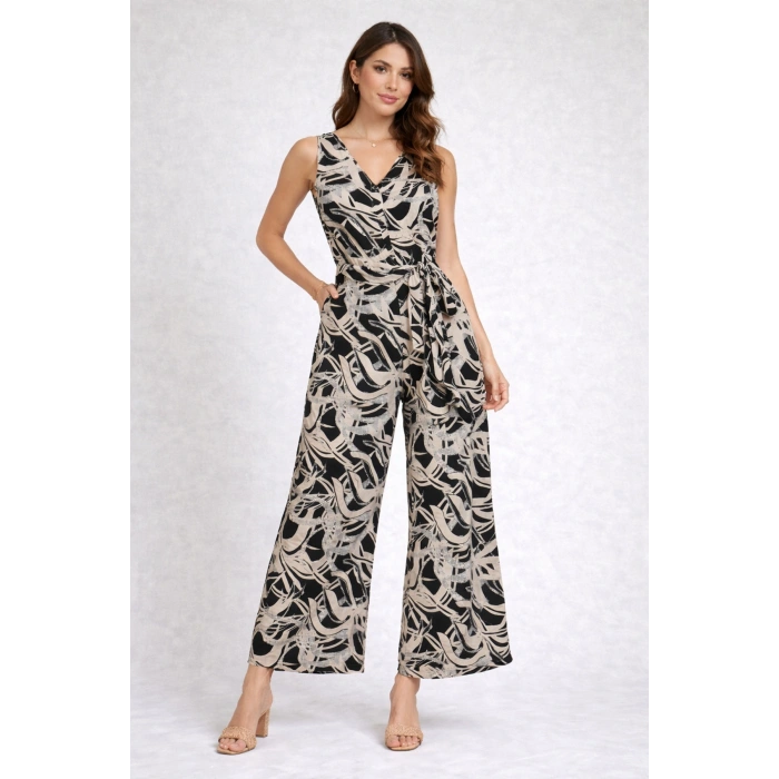 “Siyah Bej Desenli Kadın Tulum | V Yaka, Belden Kuşaklı, Bol Paça Şık Kesim