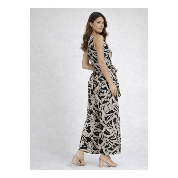 “Siyah Bej Desenli Kadın Tulum | V Yaka, Belden Kuşaklı, Bol Paça Şık Kesim