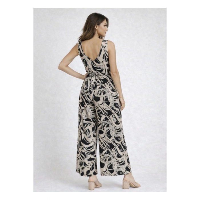 “Siyah Bej Desenli Kadın Tulum | V Yaka, Belden Kuşaklı, Bol Paça Şık Kesim