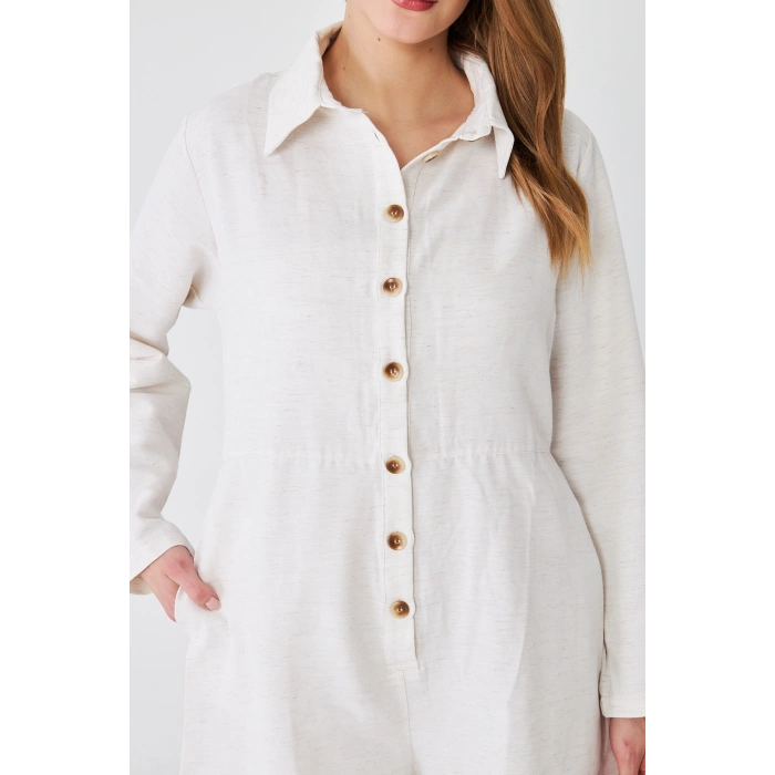 Kadın Keten Şortlu Tulum | Düğmeli, Uzun Kollu, Belden Büzgülü Kışlık Mevsimlik Tulum