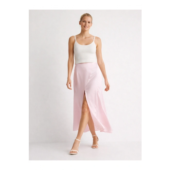 Pembe Maxi Etek | Yüksek Bel, Yırtmaç Detaylı, Uzun Boy Kadın Etek