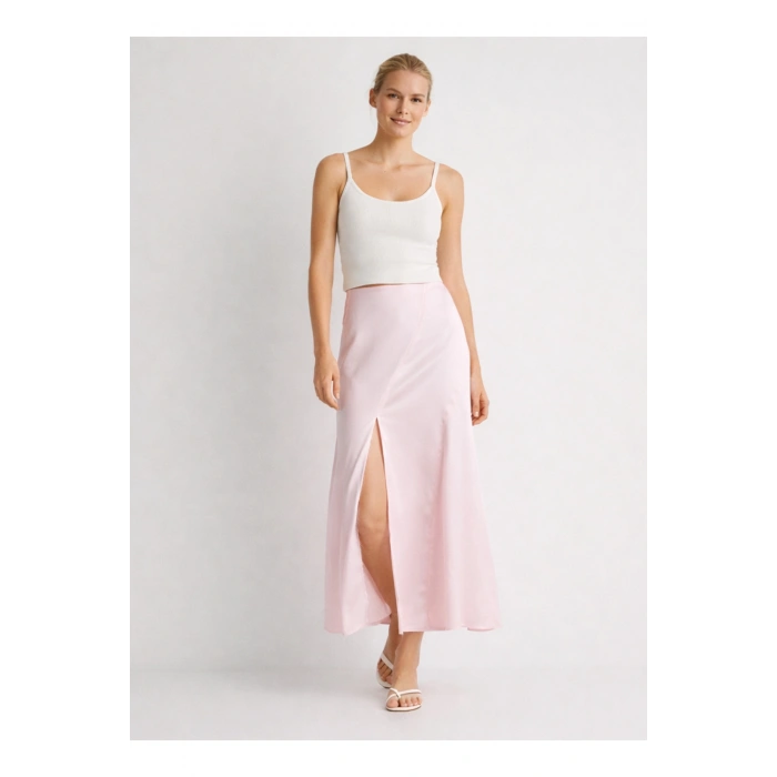 Pembe Maxi Etek | Yüksek Bel, Yırtmaç Detaylı, Uzun Boy Kadın Etek