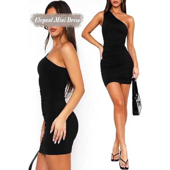 Kadın Tek Omuz Drapeli Siyah Mini Elbise