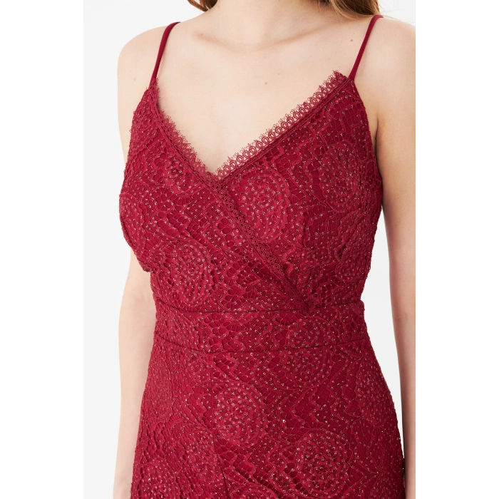 Askılı V Yaka Dantel Bordo Diz Üstü Abiye Elbise – Mezuniyet ve Davet Elbisesi