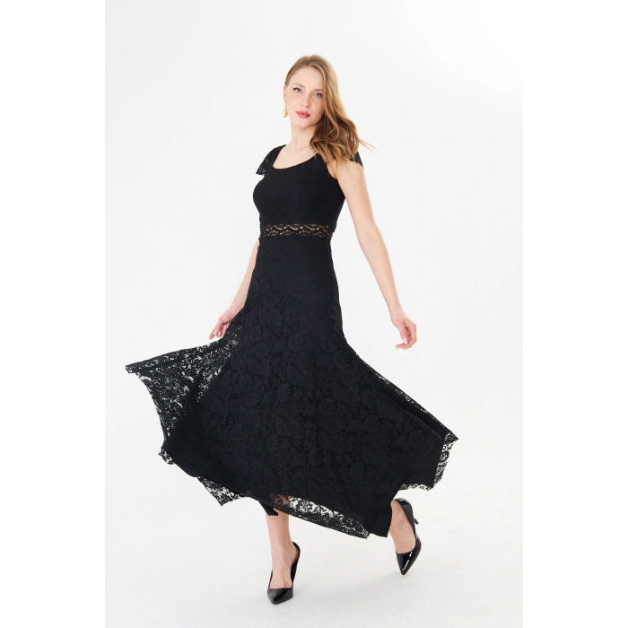 Siyah Dantel Kadın Midi Elbise Asimetrik Etekli Şık Tasarım