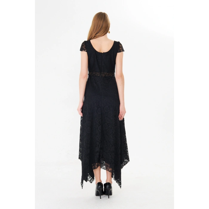 Siyah Dantel Kadın Midi Elbise Asimetrik Etekli Şık Tasarım