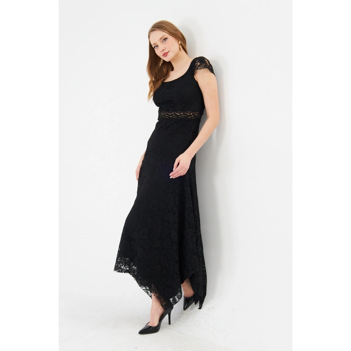 Siyah Dantel Kadın Midi Elbise Asimetrik Etekli Şık Tasarım