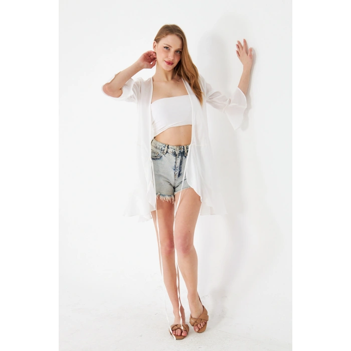 Kadın Beyaz Şifon Bağlamalı Pareo Hırka