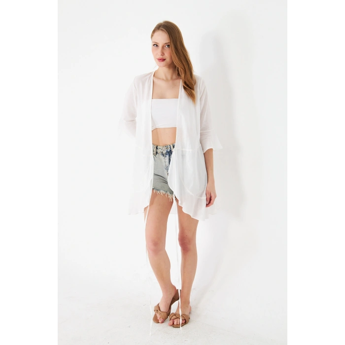 Kadın Beyaz Şifon Bağlamalı Pareo Hırka