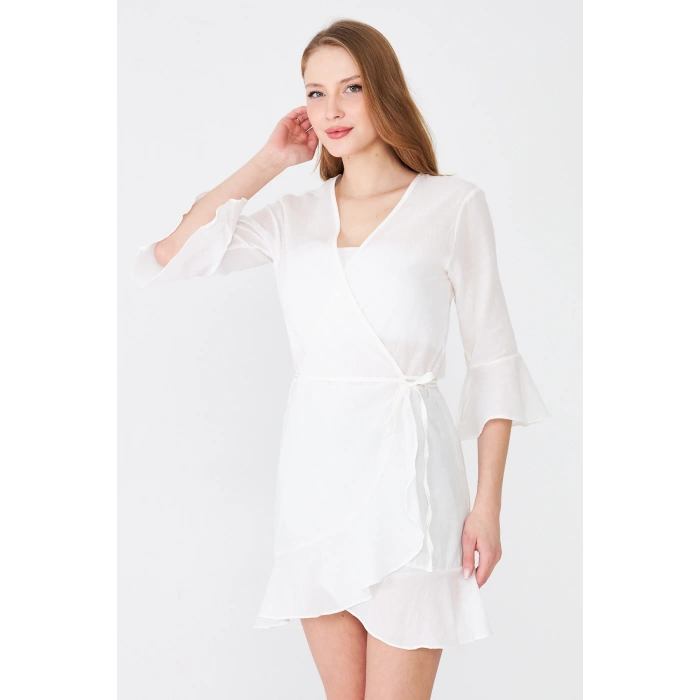 Kadın Beyaz Şifon Bağlamalı Pareo Hırka