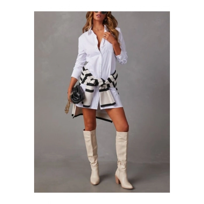 Premium Likralı Beyaz Gömlek Elbise – Pamuk-Cepli, İç Göstermez, Oversize Tasarım