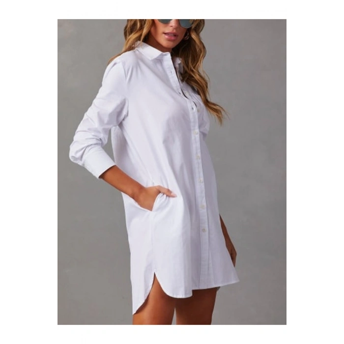 Premium Likralı Beyaz Gömlek Elbise – Pamuk-Cepli, İç Göstermez, Oversize Tasarım
