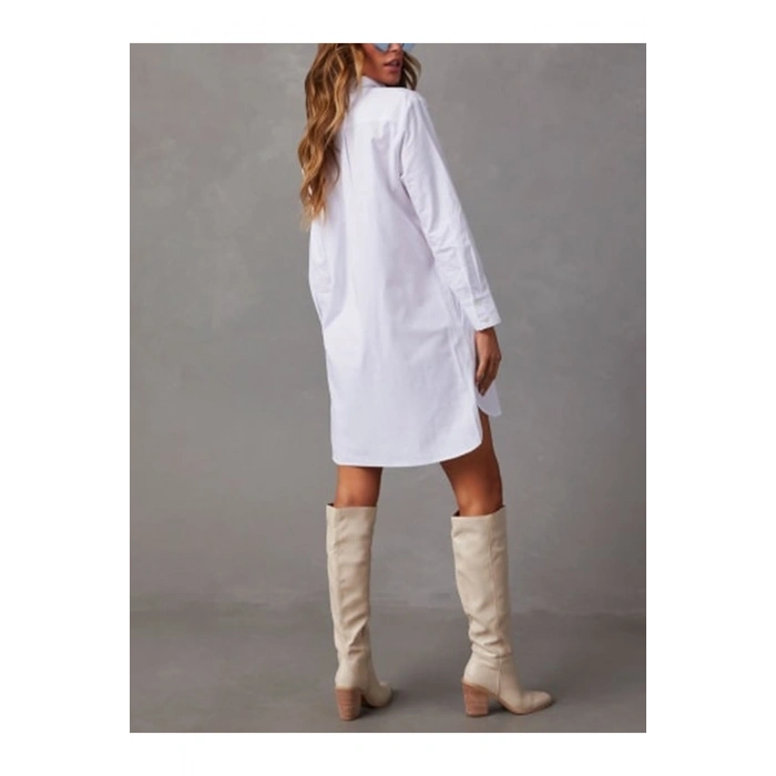 Premium Likralı Beyaz Gömlek Elbise – Pamuk-Cepli, İç Göstermez, Oversize Tasarım