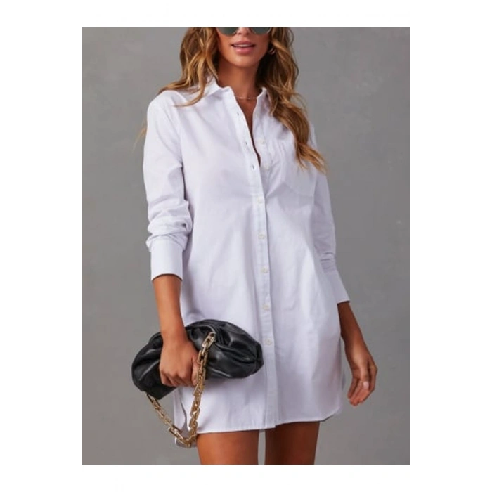 Premium Likralı Beyaz Gömlek Elbise – Pamuk-Cepli, İç Göstermez, Oversize Tasarım