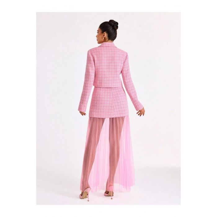 Pudra Pembe Kruvaze Tüvit Ceket ve Tül Etekli Kadın Takım – Modern Davet & Özel Gün Kombini