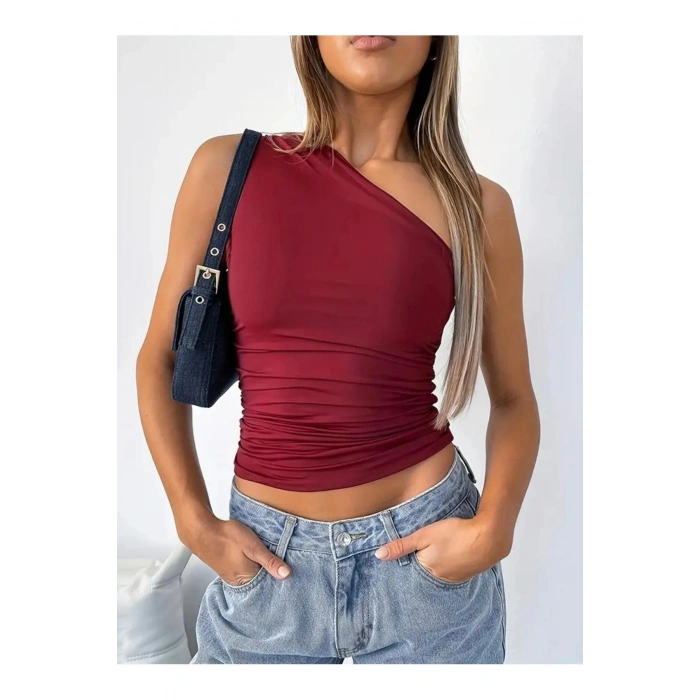 Tek Omuz Detaylı Büzgülü Bluz