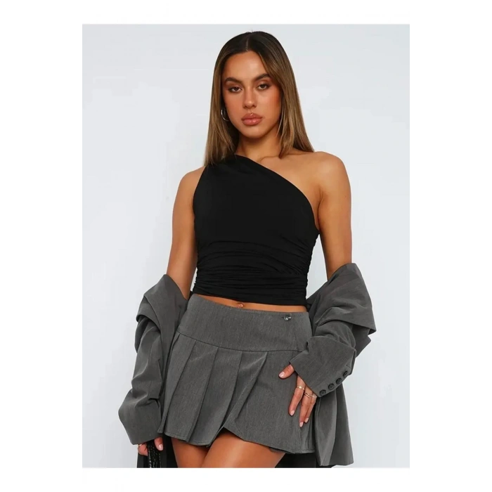 Tek Omuz Detaylı Büzgülü Bluz