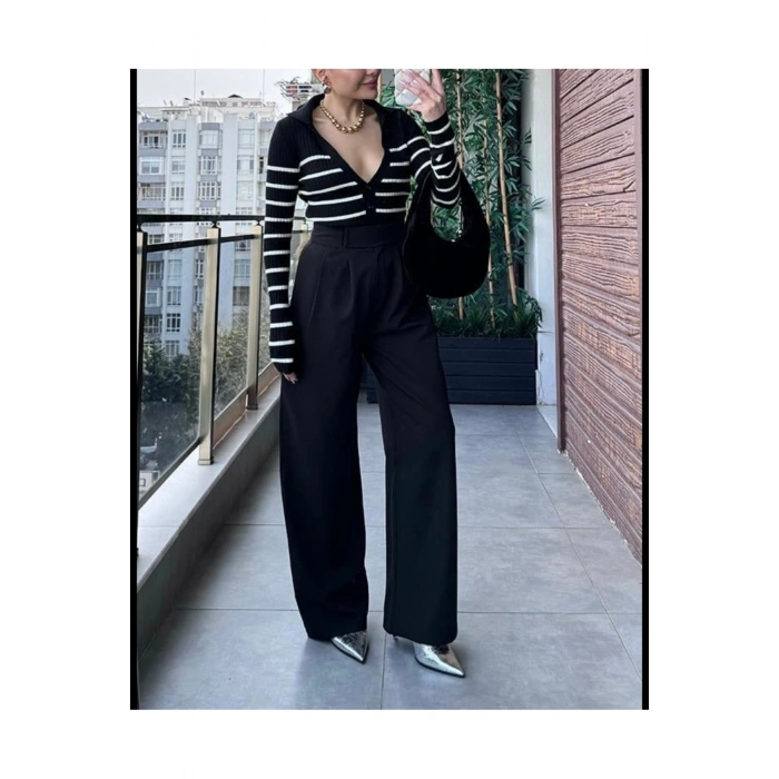 Yüksek Bel Cırt Cırtlı Siyah Bol Paça Cepli En Boy Likralı Rahat Kalıp Kumaş Pantolon Kadın Pileli