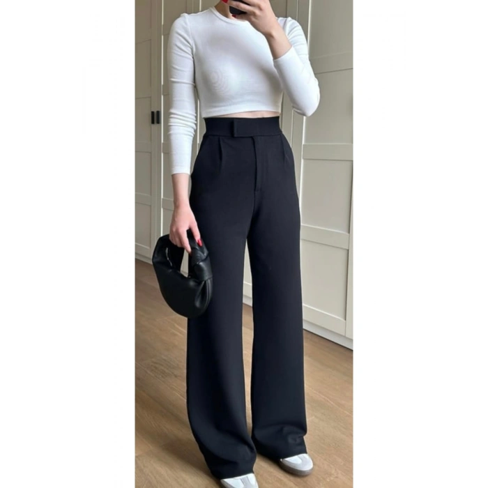 Yüksek Bel Cırt Cırtlı Siyah Bol Paça Cepli En Boy Likralı Rahat Kalıp Kumaş Pantolon Kadın Pileli