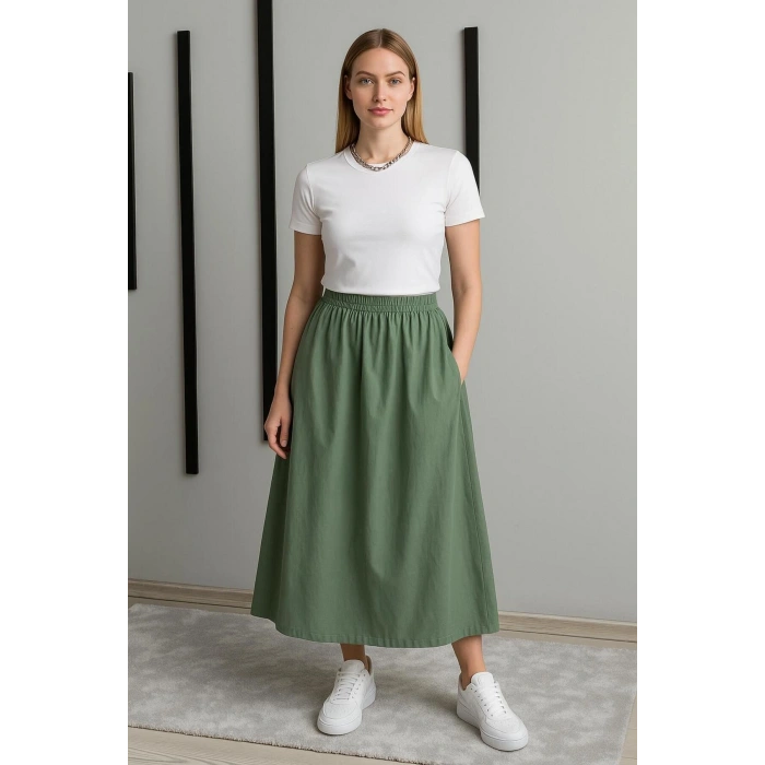 Kadın Cepli Lastikli Kloş Poplin Uzun Etek