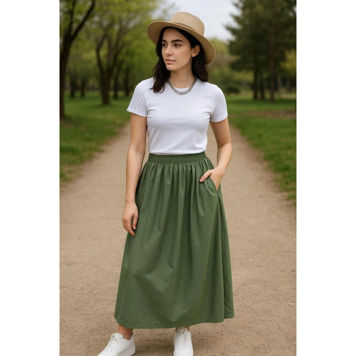 Kadın Cepli Lastikli Kloş Poplin Uzun Etek