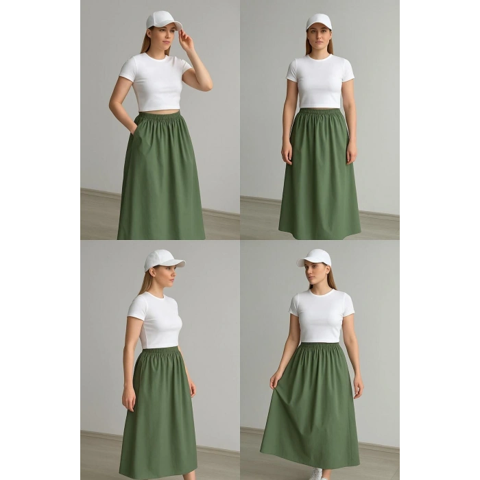 Kadın Cepli Lastikli Kloş Poplin Uzun Etek