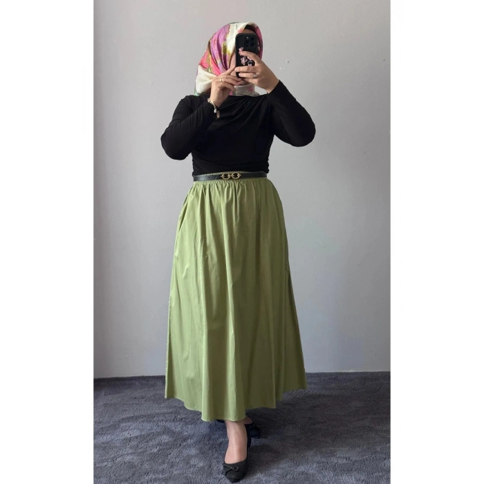 Kadın Cepli Lastikli Kloş Poplin Uzun Etek