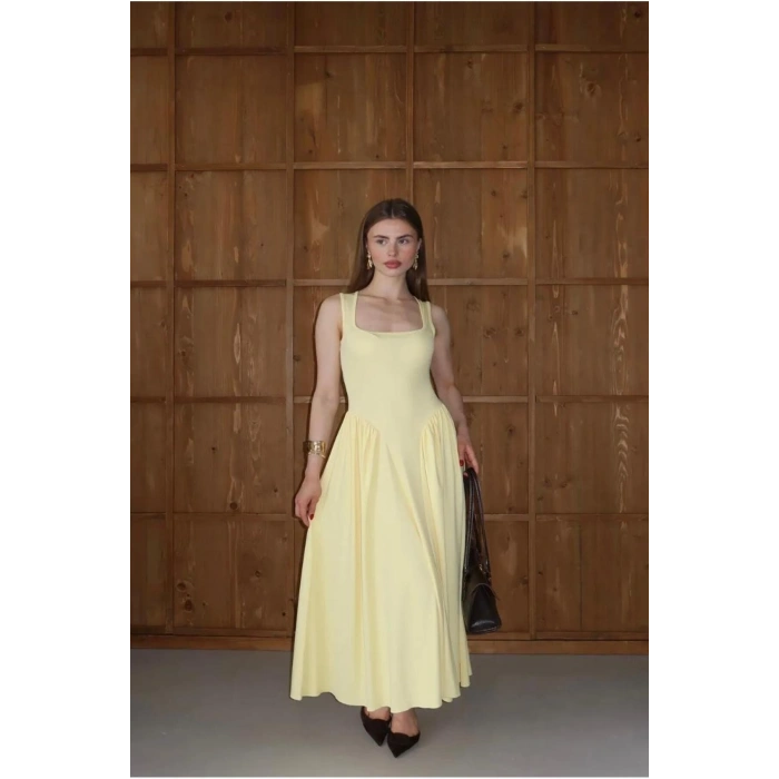 Kadın Kare Yaka Kalın Askılı Şık Tasarım Elbise