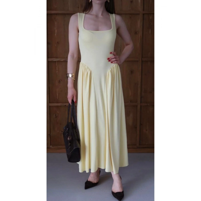 Kadın Kare Yaka Kalın Askılı Şık Tasarım Elbise