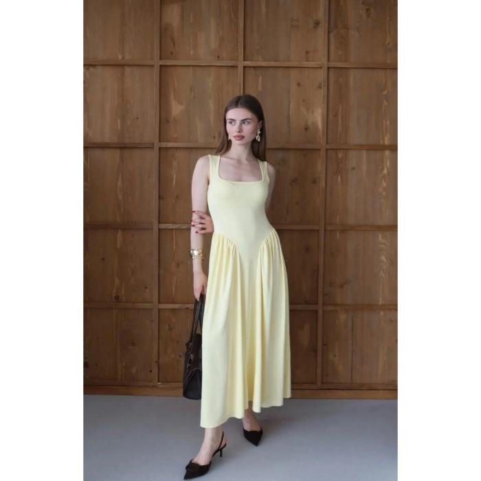 Kadın Kare Yaka Kalın Askılı Şık Tasarım Elbise