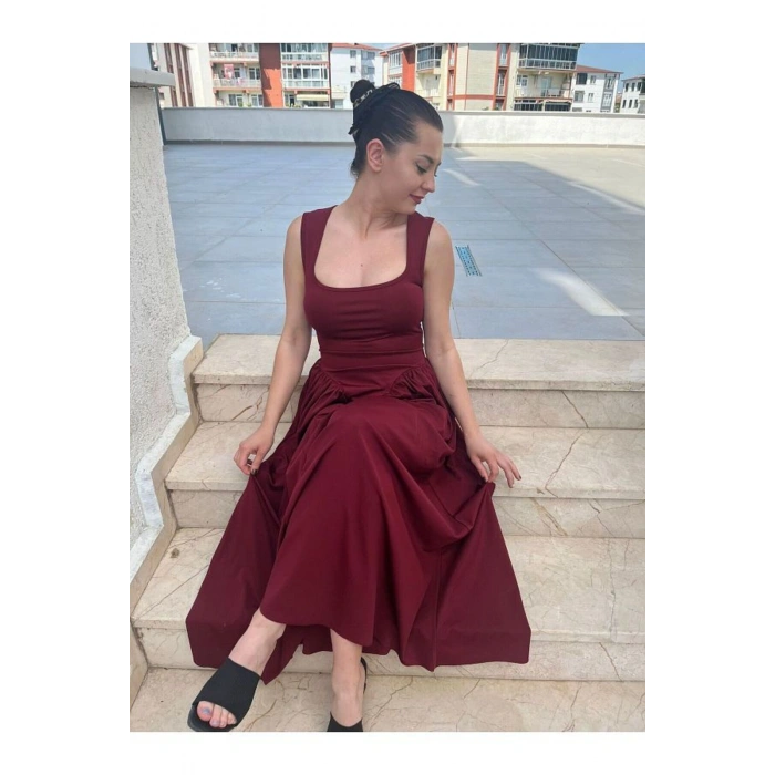 Kadın Kare Yaka Kalın Askılı Elbise