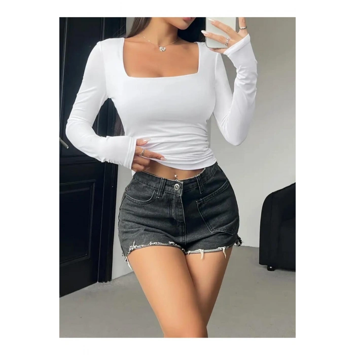 Kare Yaka Basic Dar Kesim Uzun Kollu Body Full Likralı Tam kalıp