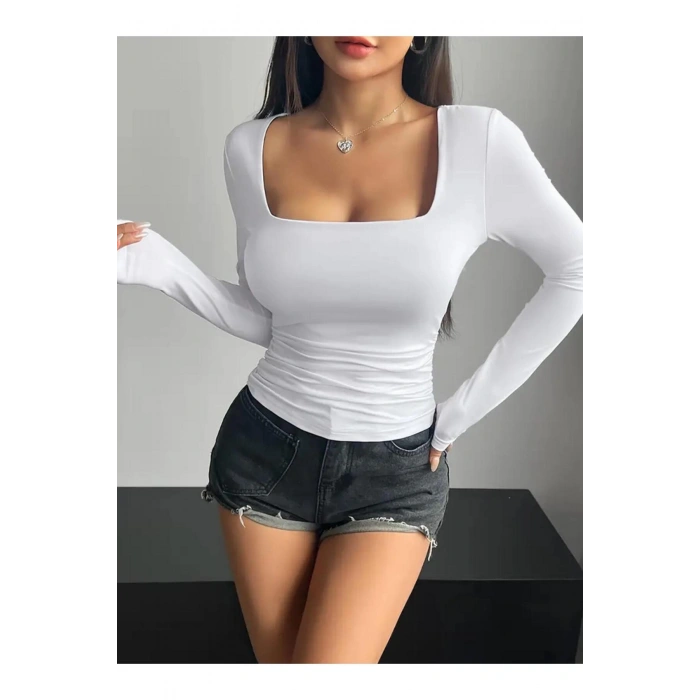 Kare Yaka Basic Dar Kesim Uzun Kollu Body Full Likralı Tam kalıp