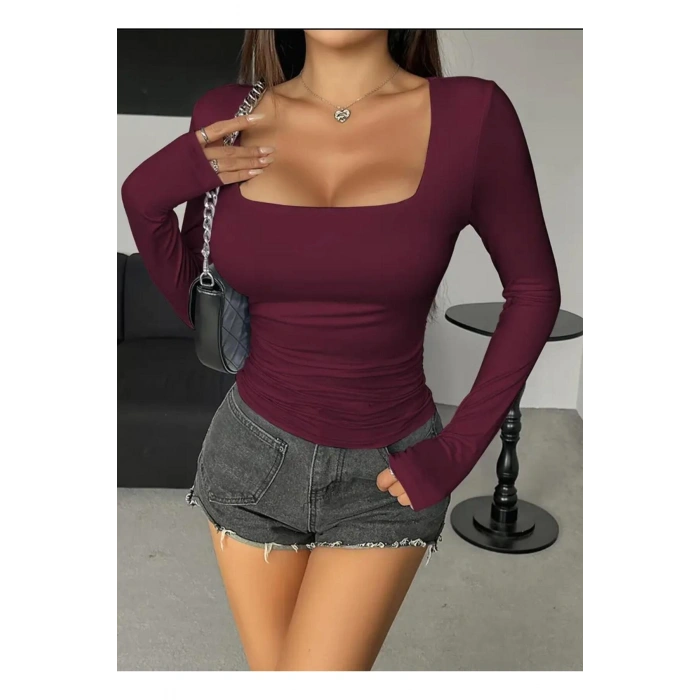 Kare Yaka Basic Dar Kesim Uzun Kollu Body Full Likralı Tam kalıp