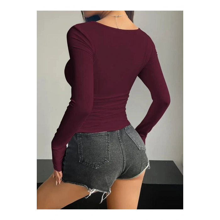 Kare Yaka Basic Dar Kesim Uzun Kollu Body Full Likralı Tam kalıp