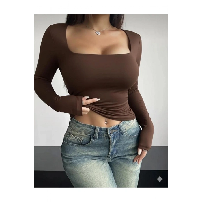 Kare Yaka Basic Dar Kesim Uzun Kollu Body Full Likralı Tam kalıp