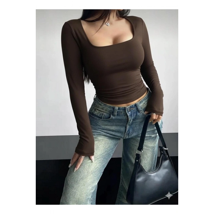 Kare Yaka Basic Dar Kesim Uzun Kollu Body Full Likralı Tam kalıp