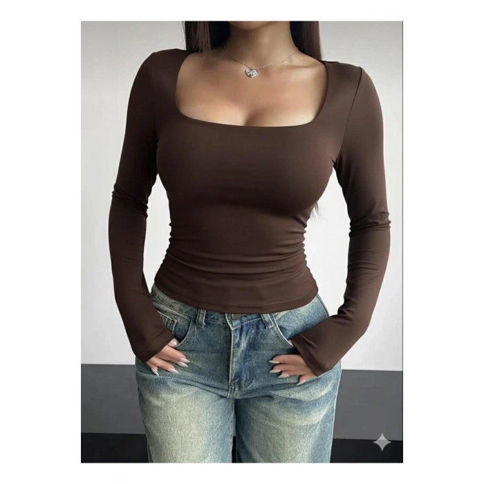 Kare Yaka Basic Dar Kesim Uzun Kollu Body Full Likralı Tam kalıp