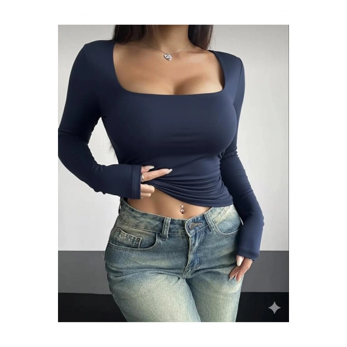 Kare Yaka Basic Dar Kesim Uzun Kollu Body Full Likralı Tam kalıp