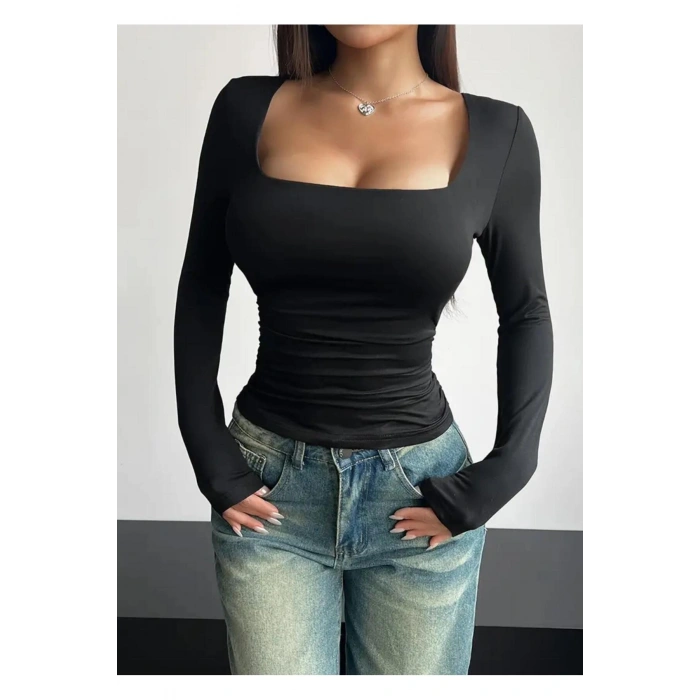 Kare Yaka Basic Dar Kesim Uzun Kollu Body Full Likralı Tam kalıp
