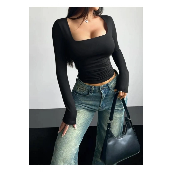 Kare Yaka Basic Dar Kesim Uzun Kollu Body Full Likralı Tam kalıp
